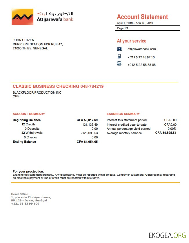 Sénégal Modèle de justificatif de domicile Attijariwafa Bank au format Word et PDF